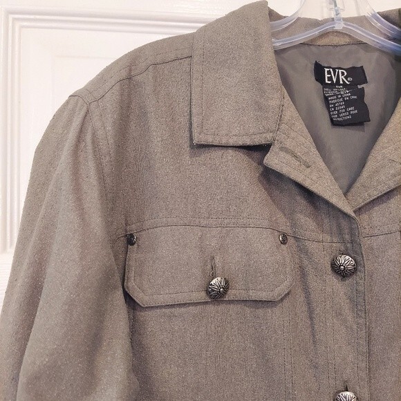 EVR Shirt Jacket Womens Army Green 100% Raw Silk Pockets Polyester Lined sz S/P - Picture 4 of 10